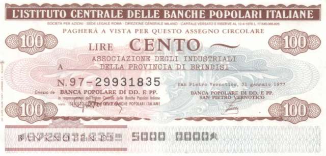 Banche Pop. Italiane - S.P. Vernotico - 100  Lire (#06m_81_125_UNC)
