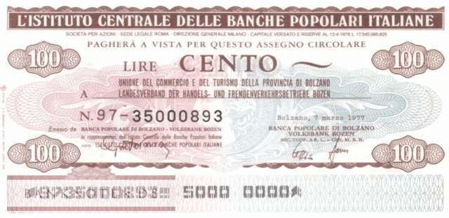 Banche Pop. Italiane - Bolzano - 100  Lire (#06m_81_142_UNC)