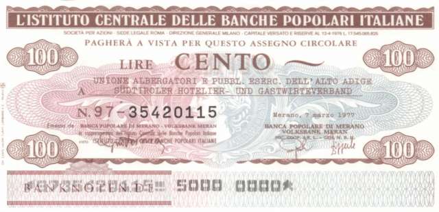 Banche Pop. Italiane - Merano - 100  Lire (#06m_81_147_UNC)