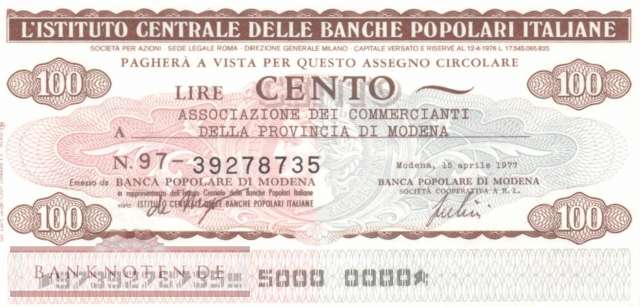 Banche Pop. Italiane - Modena - 100  Lire (#06m_81_154_UNC)