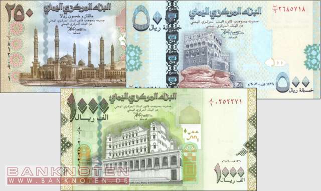 Jemen: 250 - 1.000 Rials (3 banknotes)