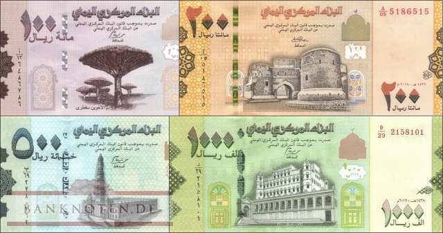 Jemen: 100 - 1.000 Rials (4 Banknoten)