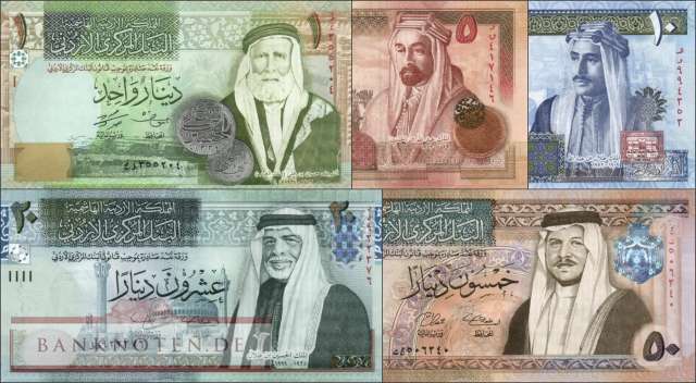 Jordanien: 1 - 50 Dinars (5 Banknoten)