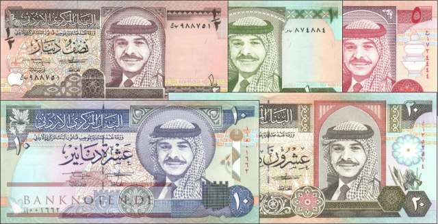 Jordan: 1/2 - 20 Dinars (5 banknotes)