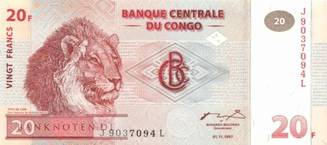 Kongo, Demokratische Republik - 20  Francs (#088A_UNC)