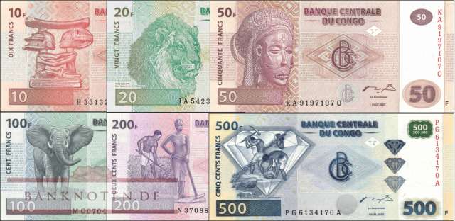 Kongo, Demokratische Republik: 10 - 500 Francs (6 Banknoten)