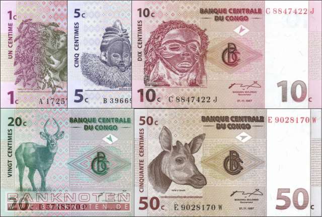 Kongo, Demokratische Republik: 1 - 50 Centimes (5 Banknoten)