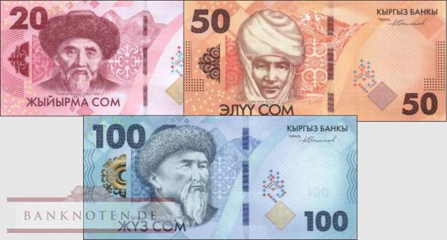 Kirgistan: 20 - 100 Som (3 Banknoten)
