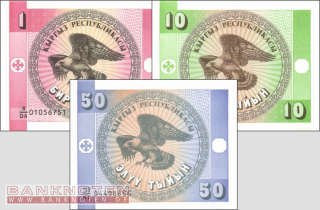 Kyrgsztan: 1 - 50 Tyiyn (3 banknotes)