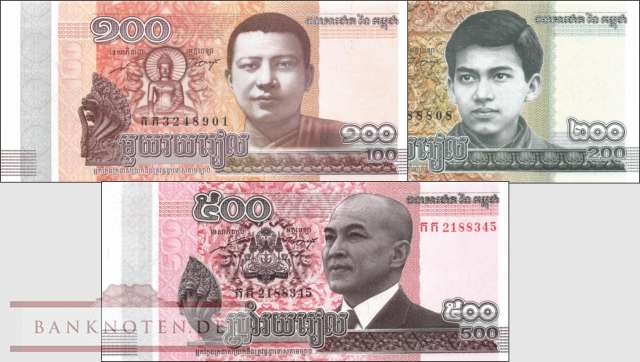 Kambodscha: 100 - 500 Riels (3 Banknoten)