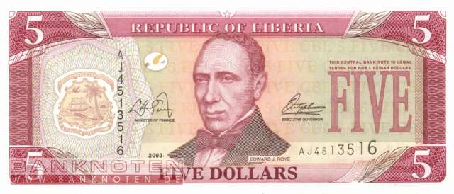 Liberia - 5  Dollars (#026a_UNC)