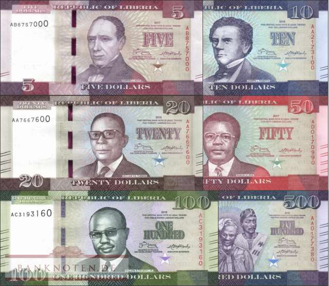 Liberia: 5 - 500 Dollars 2016/17 (6 Banknoten)