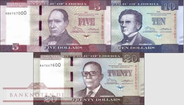 Liberia: 5 - 20 Dollars 2016/17 (3 banknotes)