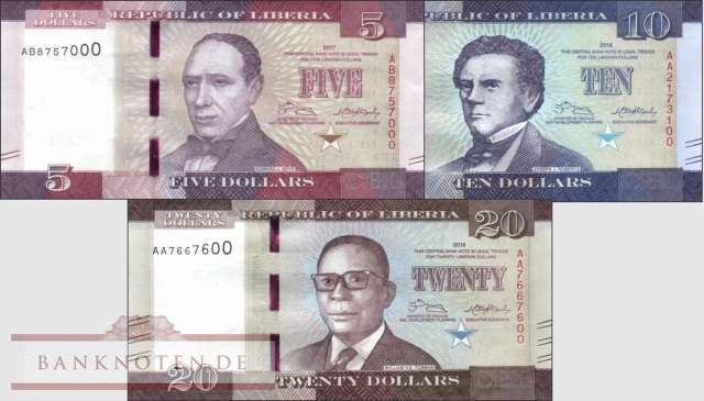 Liberia: 5 - 20 Dollars 2016/17 (3 Banknoten)