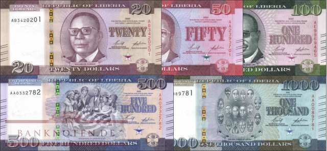 Liberia: 20 - 1.000 Dollars 2021/22 (5 Banknoten)
