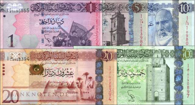 Libyen: 1 - 50 Dinars (5 Banknoten)