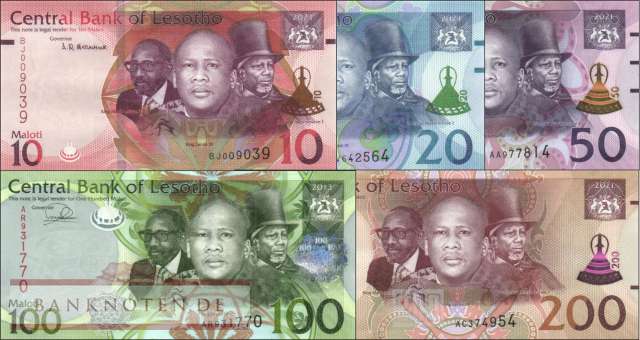 Lesotho: 10 - 200 Maloti (5 Banknoten)