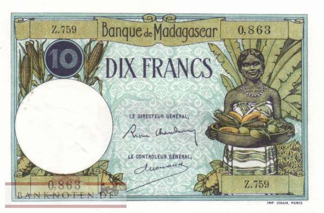 Madagascar - 10  Francs (#036_AU)