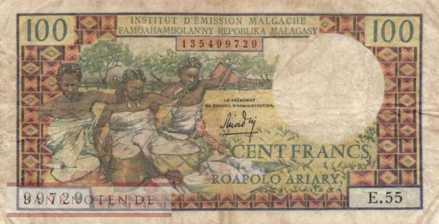 Madagaskar - 100  Francs (#057a-U1_F)