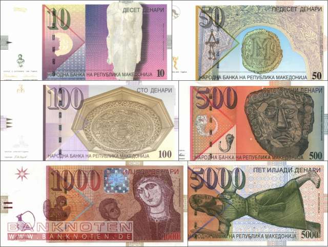 Macedonia: 10 - 5.000 Denari (6 banknotes)