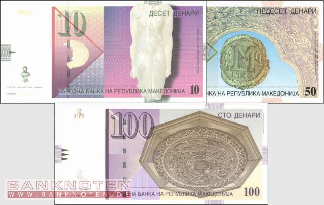 Mazedonien: 10 - 100 Denari (3 Banknoten)