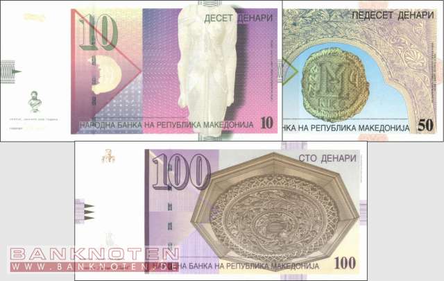 Mazedonien: 10 - 100 Denari (3 Banknoten)