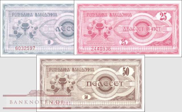 Macedonia: 10 - 50 Denari (3 banknotes)