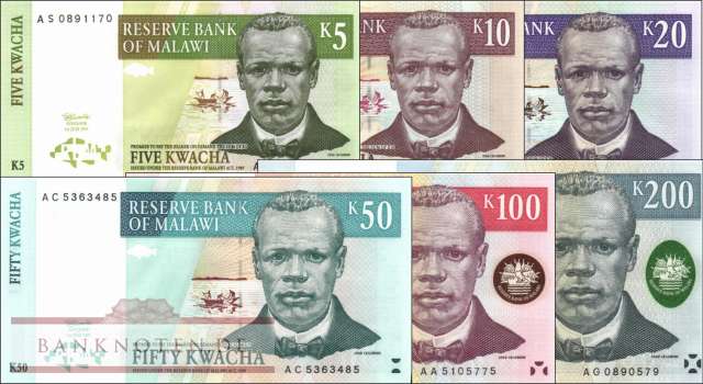 Malawi: 5 Kwacha - 200 Kwacha (6 Banknoten)