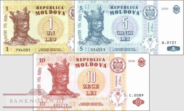 Moldavia: 1 - 10 Lei (3 banknotes)
