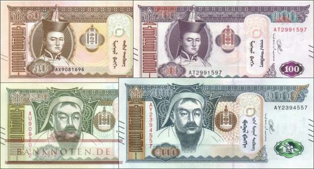 Mongolia: 50 - 1.000 Tugrik (4 banknotes)