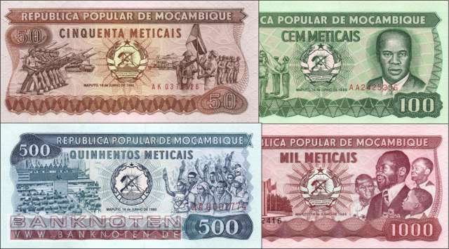 Mozambique: 50 - 1.000 Meticais (4 Banknoten)