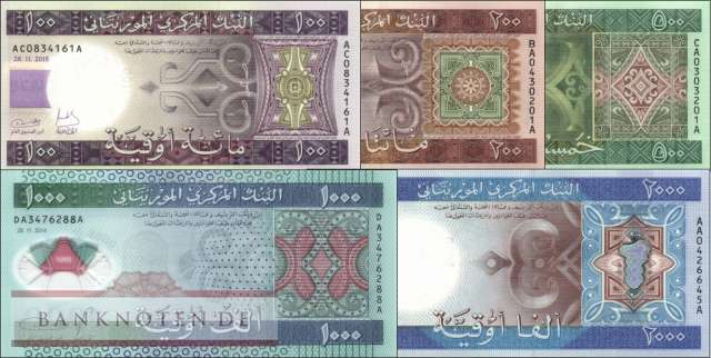 Mauritania: 100 - 2.000 Ouguiya (5 banknotes)