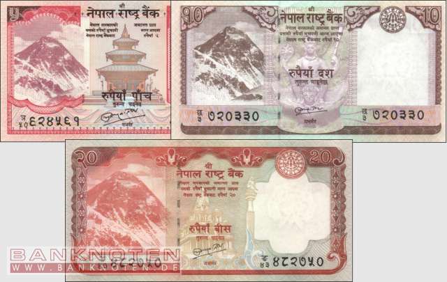 Nepal: 5 - 20 Rupien ohne König (3 Banknoten)
