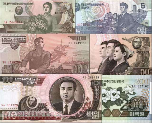 Nordkorea: 1 - 200 Won (6 Banknoten)