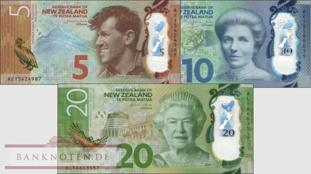 New Zealand: 5 - 20 Dollars (3 banknotes)