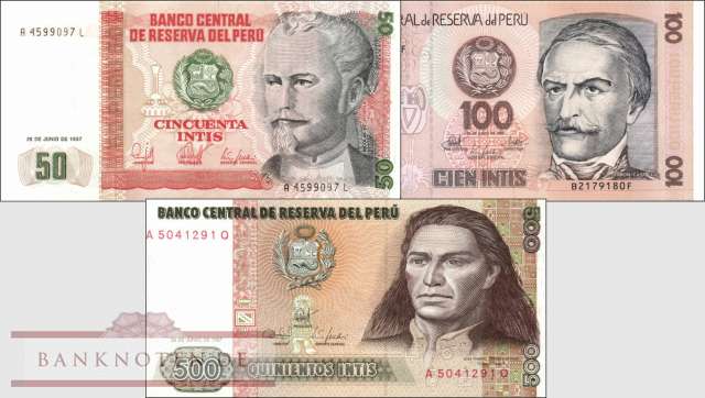 Peru:  50 - 500 Intis (3 Banknoten)