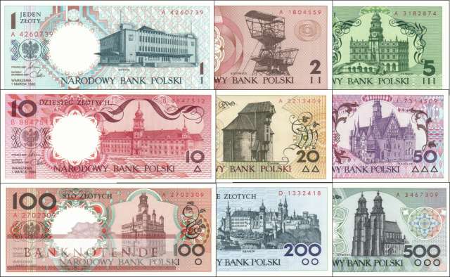 Polen: 1 - 500 Zlotych im Folder (9 Banknoten)