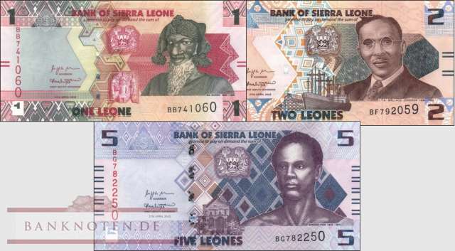 Sierra Leone: 1 - 5 Leones 2022 (3 banknotes)