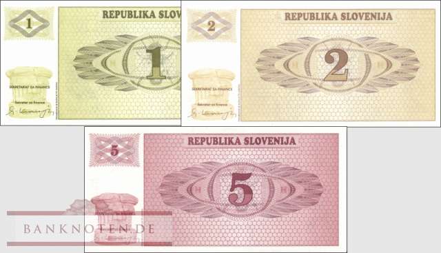 Slovenia: 1 - 5 Tolar (3 banknotes)