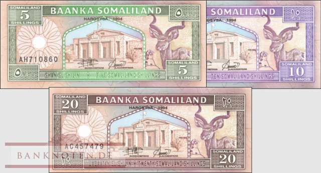 Somaliland: 5 - 20 Somaliland Shillings (3 banknotes)