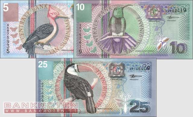 Suriname: 5 - 25 Gulden (3 banknotes)
