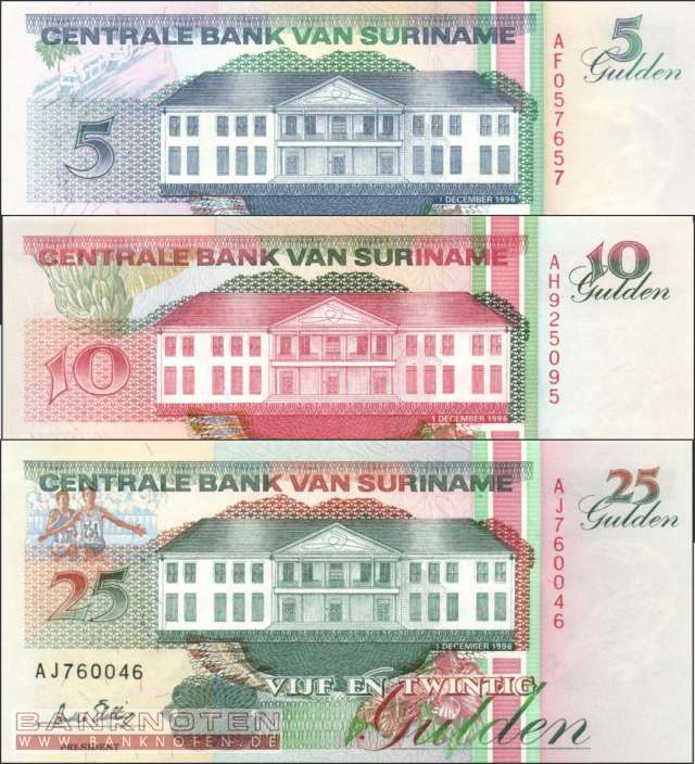 Surinam: 5 - 25 Gulden (3 Banknoten)