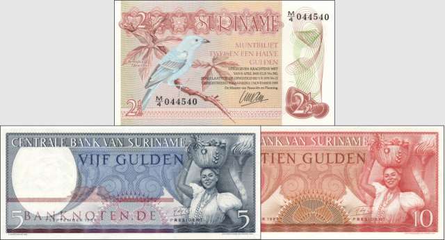 Suriname: 2 1/2 - 10 Gulden (3 banknotes)