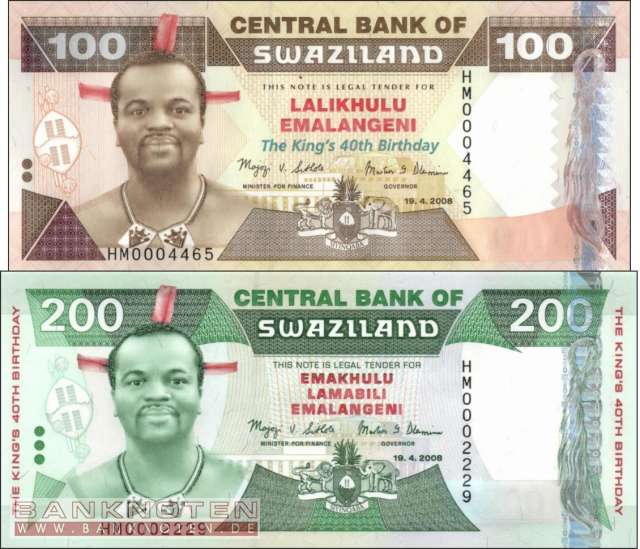 Swaziland: 100 + 200 Emalangeni (2 Banknoten)