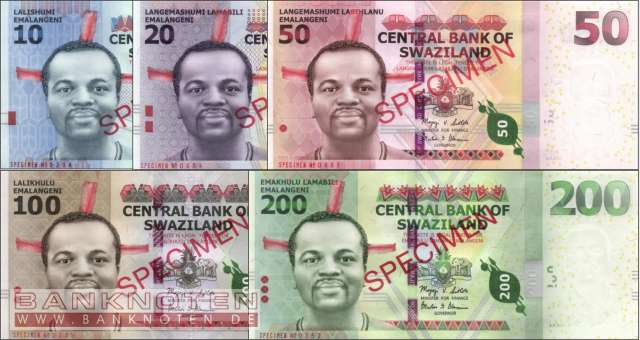 Swaziland: 10 - 200 Emalangeni SPECIMEN (5 Banknoten)