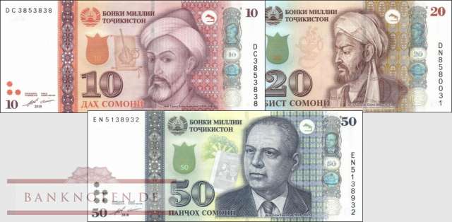 Tajikistan: 10 - 50 Somoni (3 banknotes)
