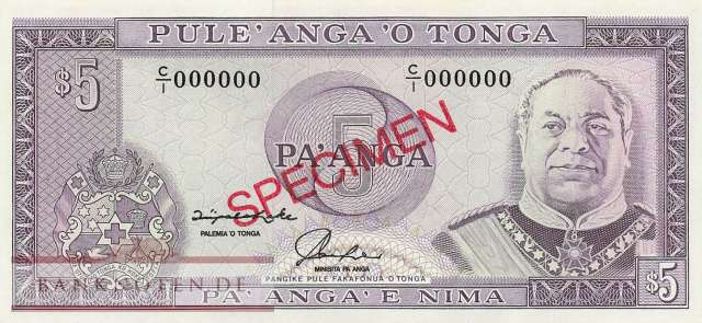 Tonga - 5  Pa'anga - SPECIMEN (#027S_UNC)