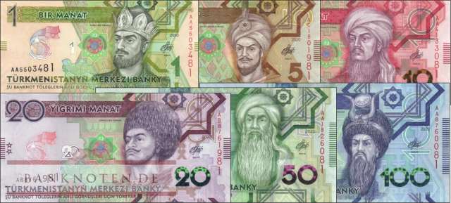 Turkmenistan: 1 Manat - 100 Manat Gedenkbanknoten 2020 (6 Banknoten)