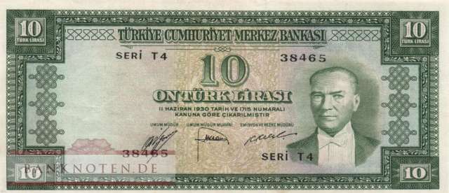 Türkei - 10  Lira (#157a_VF)