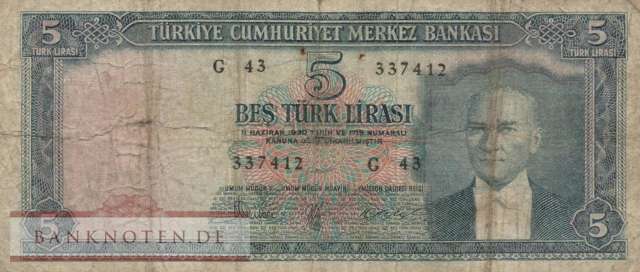 Turkey - 5  Lira (#173a_VG)